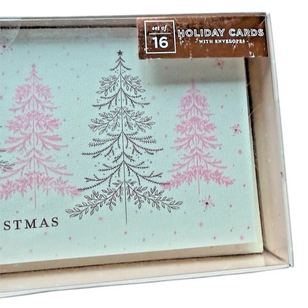 Elum Holiday Christmas Cards and Envelopes Pink Trees Set of 16 Merry Christmas